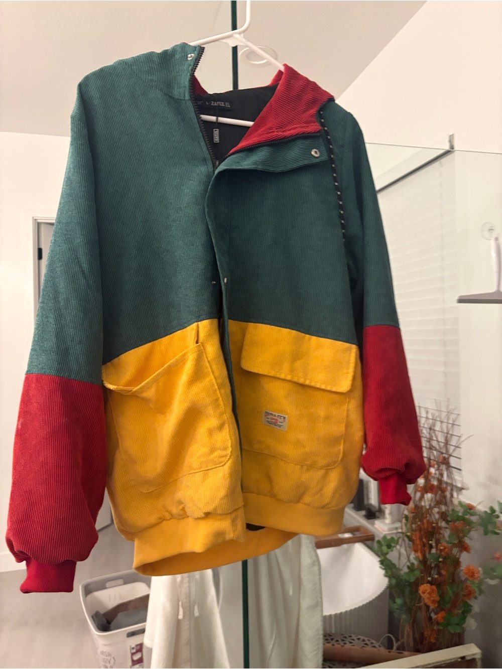 Zaful Colorblock Corduroy Bomber Jacket In Green, Yellow & Red